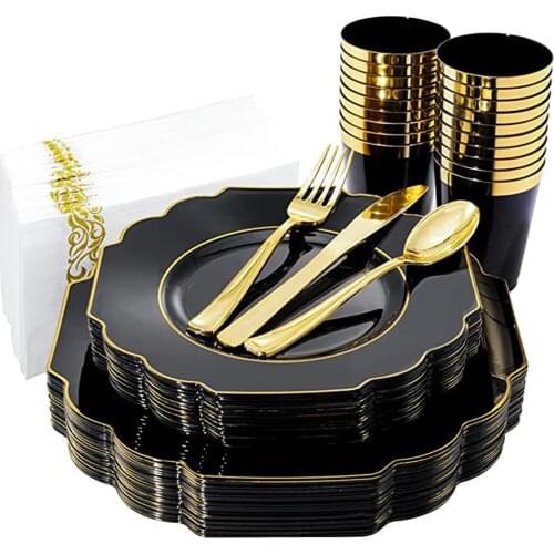 60 Pieces of Disposable Party Tableware Black Red With Gold Rim Plastic Plate Silverware Cup Set God Day Wedding Party Supplies