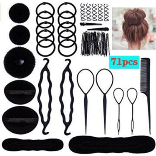 71Pcs Women Braid Ponytail Tool Bun Makers Twist Curler Styling Set Hairpin Plastic Loop Pull Hair Needle Tools Hair Accessories