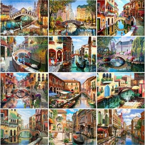 AZQSD Diamond Painting City Bridge Cross Stitch Kits 5D Rhinestones Diamond Embroidery Landscape Mosaic Handicraft Home Decor