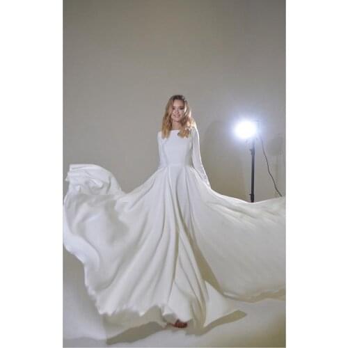 Boho White Satin Chiffon Long Sleeves Floor-Length A-Line Wedding Dresses Custom Made Bridal Gowns