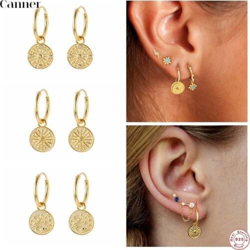 Canner 925 Sterling Silver Hoop Earrings For Women Bohemia Medal Hoops Ear Bone Aretes Girl Gift Spike Zircon Earrings Jewelry