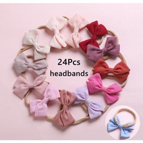 Baby Bows Headbands For Girls Cotton Hair Clips Children Summer Hair Accessories Kids Linen Solid Color Head Bands 24pcs/Lot