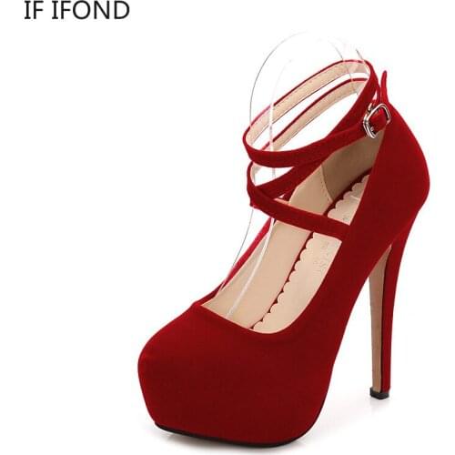 IF IFOND Sexy Ankle Strap Platform High Heels Red Flock Pumps Wedding Women Fetish Shoes 14 Cm Zapatos De Mujer Big Size43-46