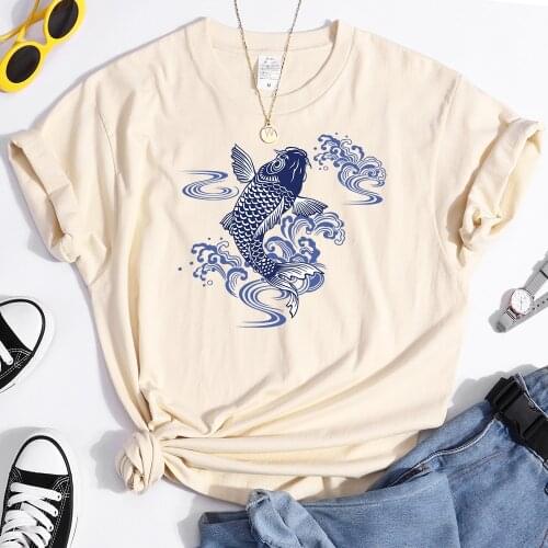 Tshirt For Woman Paper Cut Koi Good Luck Printing Womens T Shirt Kawaii Fashion Women Top Roud Neck Breathable Tshirts For Women