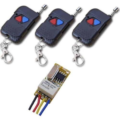 Hot Sales DC3.5V-12V Mini Wireless Remote Control Switch 1pcs 24MM*11MM*8MM Receiver& 3pcs Transmitter with Red and Blue Button