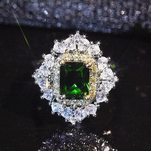 Vintage luxury green crystal emerald gemstones diamonds rings for women white gold silver color jewelry bijoux bague party gifts