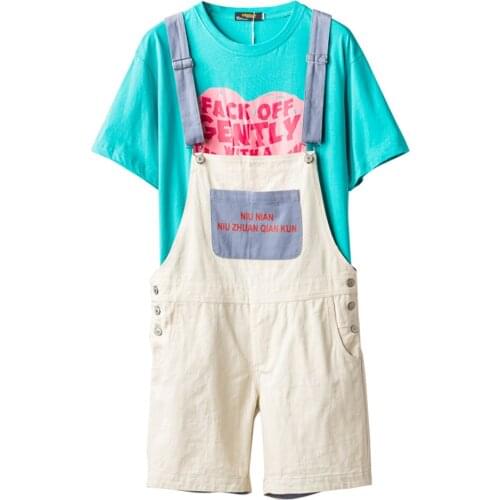 Mens Summer Letters Printed Bib Overalls Shorts Knee Length Contrast Color Pockets Cargo Breeches Black Beige