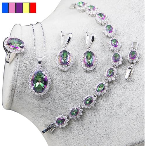 925 Sterling Silver Rainbow Zircon Jewelry Sets For Women Sapphire Topaz Garnet Bracelet Necklace Earrings Ring Pendant