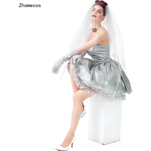 Zhomecos Silver Gray Corpse Bride Cosplay Costume Angel Dress Halloween Party Carnival Woman Costume Fancy Dress