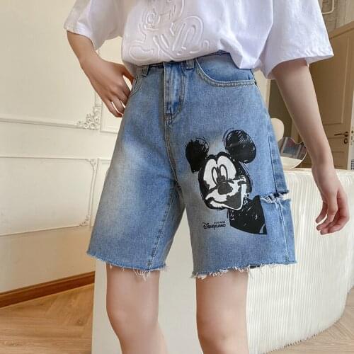 Disney Mickey Mouse Anime Summer Women Denim Booty Shorts Casual High Waists Hollow Out Leg-openings Plus Size Short Jeans Women