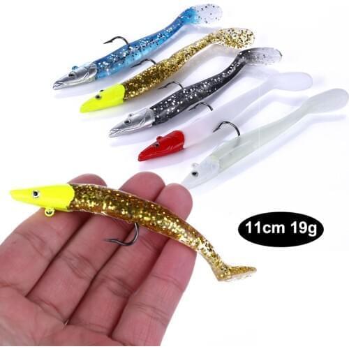 HENGJIA 5pcs 11cm 19g Soft Wobbler Lure Swim Jig T tail Artificial A Rubber Fishing Bait for Bass Pike Catfish