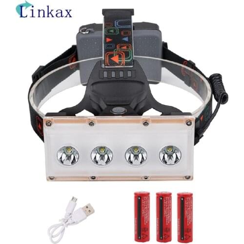3 Modes Wide angle Headlamp 4*XML-T6 Headlamp USB Charging Headlight Torch Flashlight Head lamp use 3*18650 battery by Fishing