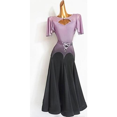 2021 New Bare Back Latin Dance Bodysuit Women Short Sleeve Patchwork Design Skirt Modern Dance Dress Latino Dancewear