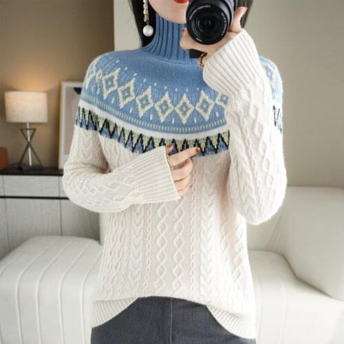 2021 Autumn Winter New Cashmere Sweater Retro Jacquard Knitted Wool Bottoming Shirt Color Matching Outer Wear Pullover Woman Top