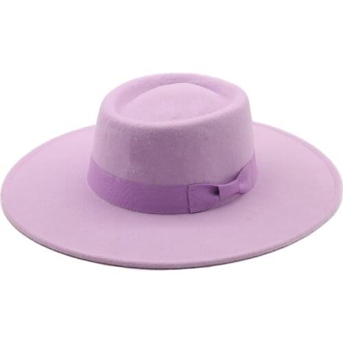 Simple ring-shaped flat-top wool felt big eaves Bowler hat ladies spring and autumn and winter fashion flat-top woolen hat