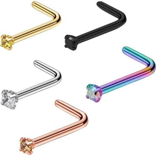JUNLOWPY 20G Steel Nose Ring Tragus Earring Nostril Piercing Stud Crystal L Shape Ear Bar Nose Bone Body Piercing Jewelry 100pcs