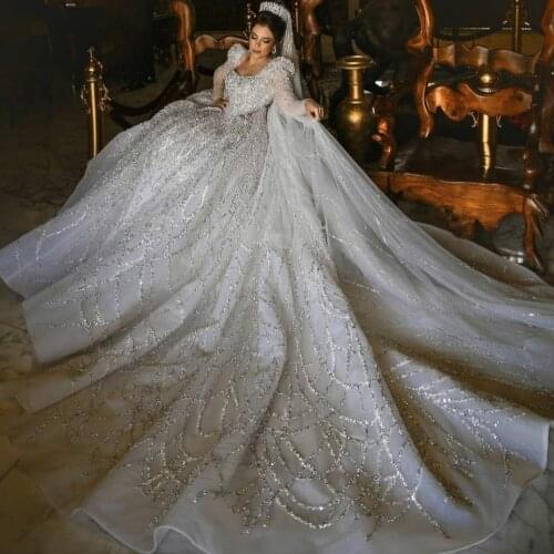 1.5 Meters Detachable Train Wedding Dress V Back Lace Sequined Luxury Bridal Gowns Crystal Beads robes de