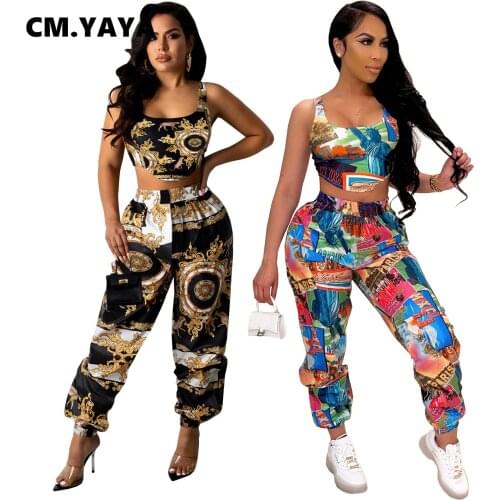 CM.YAYA Women Set Print Sleeveless Crop Tanks Tops Strechy Pants Two Piece Sets Tracksuit Summer Oufit Sporty Sweatsuit Workouts