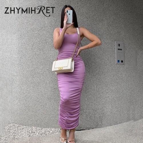 ZHYMIHRET Sleeveless Ruched Dress Women 2021 Summer Holiday Bandage Midi Dress Sexy Back U Shape Bodycon Vestidos