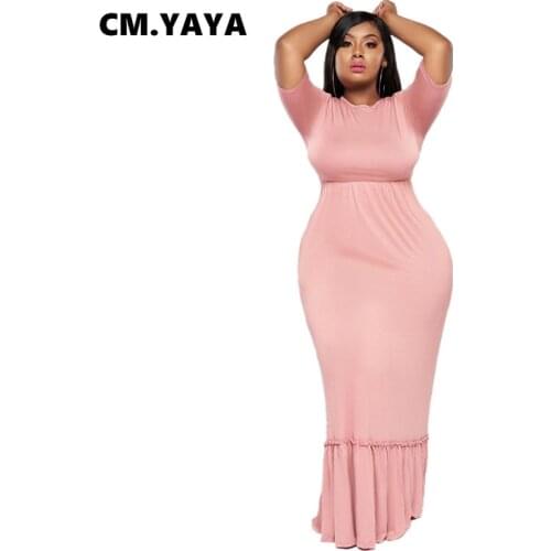 CM.YAYA Women Plus Size Dress Solid Short Sleeve O-neck Stretchy Long Maxi Trumpet Dresses Vintage Vestidos Summer Outfits 2021
