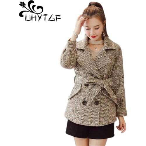UHYTGF Woolen women coat winter warm jacket women Korean Double-breasted stripe outerwear fashion women winter belted jacket 697