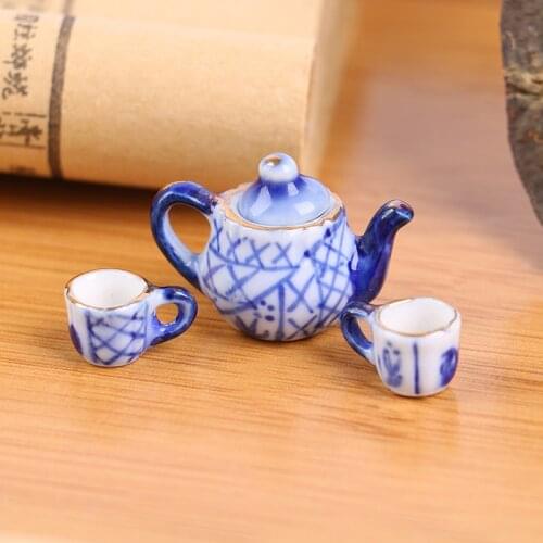 1 Set Mini Porcelain Cup Water Kettle Tableware 1/12 Miniature Dollhouse Kitchen Toy (1Tea Pot+2Cup)