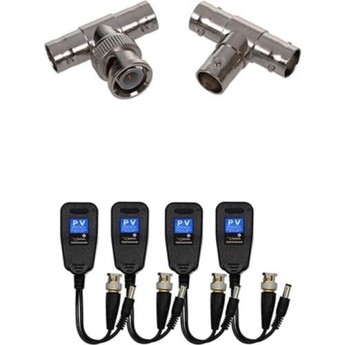 1x BNC Male to 2 Female Plug RF Coaxial T Adapter & 2 Pairs Video Balun, HD-CVI/TVI/AHD UTP Passive Video Balun