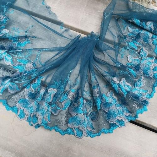 2Meters Blue Flower Embroidered Lace Trim Tulle Mesh Lingerie Bra Dress Decor Handmade DIY Materials 18cm Width