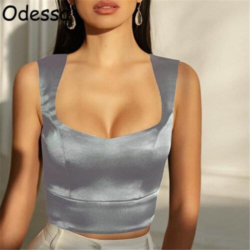 Odessa White Off Shoulder Sexy Satin Tank Tops Women Black Party Casual Crop Tops Ladies U Neck Camis Vest Spring Summer 2021