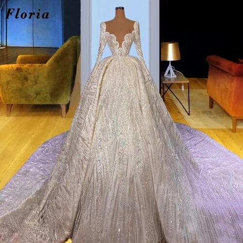 Sparkly Beading Bride Dress Saudi Arabia Long Train Full Sleeves Wedding Dresses With Dubai Middle East Robes Women Bridal Gowns