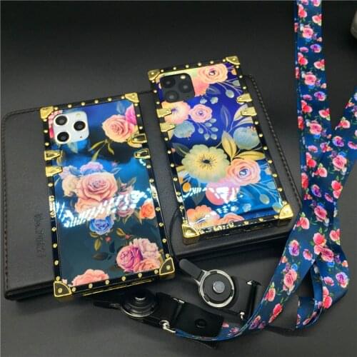Luxury Vintage Flower Case For iPhone 12 MINI XS Max X XR Square Laser Glitter Cover Case for iphone 11 PRO MAX 7 Plus 8 6 6S