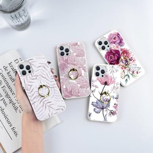 Leaves Watercolor Cover For iPhone 11 12 XS Pro Max XR X 7 8 6s 6 Plus 12 Mini 5S SE SE 2020 5 Finger Ring Holder Funda Coque