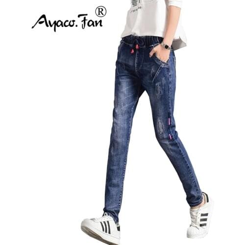 New Spring Autumn Women Boyfriend Jeans Students Fashion Elastic Waist Loose Female Slim Blue Harem Pants Denim Ladies Trousers