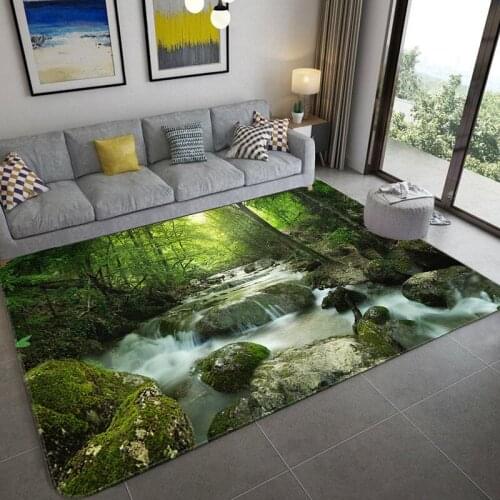 Natural scenery 3D three-dimensional living room carpet green forest waterfall landscape carpet bedroom large bathroom non-slip