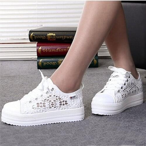 Women Shoes 2020 Fashion Summer Casual White Shoes Cutouts Lace Canvas Hollow Breathable Platform Flat Shoes Woman Sneakers