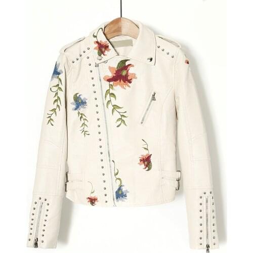 FTLZZ New Spring Autumn Women Embroidery Print Zipper Leather Jacket Turn-down Collar Pu Motorcycle Punk Coat Fashion Jacket