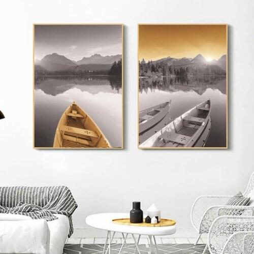 Lake View Home Wall Painting Photography Art Color Contrast Boat Sunset Frameless Canvas Printing Decoration Poster