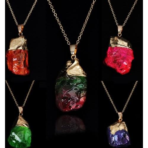 New Multi-color Natural Crystal Irregular Raw Stone Gilt Edge Single Ring Necklace Sweater Chain Accessories for Men and Women