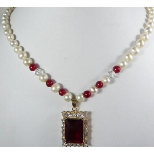 Free shipping Natural Genuine 7-8MM Freshwater Pearl red jade bead Necklace+crystal Pendant
