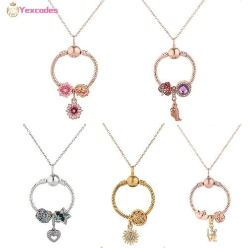 Cartoon Anime Minnie With Floral Charm Beaded Snake Chain Pendant Necklace Charm Necklace Boutique Jewelry Women Jewelry Gifts
