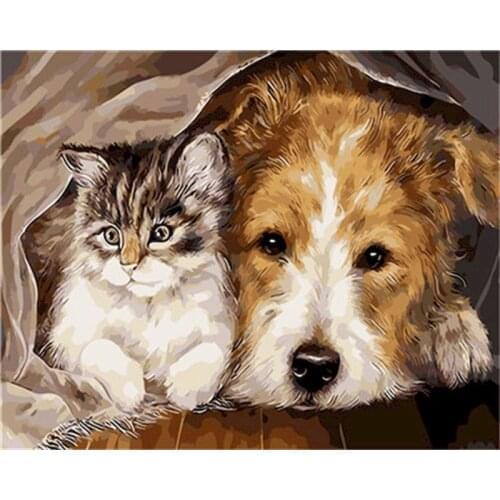 PhotoCustom DIY Oil Painting By Numbers Animals 60x75cm Paint By Numbers On Canvas Dog And Cat Frameless Draw Number Decor