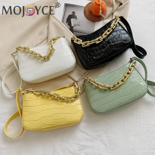 Portable Solid Color PU Leather Small Handbags Fashion Women Alligator Pattern Shoulder Underarm Bag with Thick Acrylic Chain
