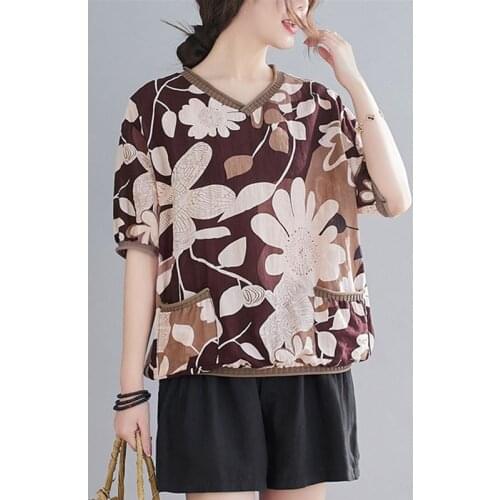 Casual Women Cotton Linen T-shirt Summer Pocket Pullovers Patchwork Knit V Neck Retro Floral Print Loose Tops Tees Flower Tshirt