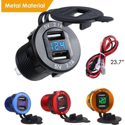 Dual USB Charger Socket Waterproof Power Outlet 2.1A with Voltmeter Wire in-line 10A Fuse for 12-24V Car Boat Marine Motorcycle
