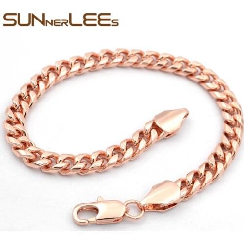 SUNNERLEES Fashion Jewelry Rose Gold Color Bracelet 6mm Curb Cuban Chain For Mens Womens Gift C71 B