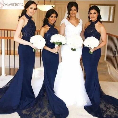 Jersey Navy Blue Bridesmaid Dress Mermaid Halter Lace Appliques vestido de fiesta de boda with Tulle Train Wedding Evening Dress