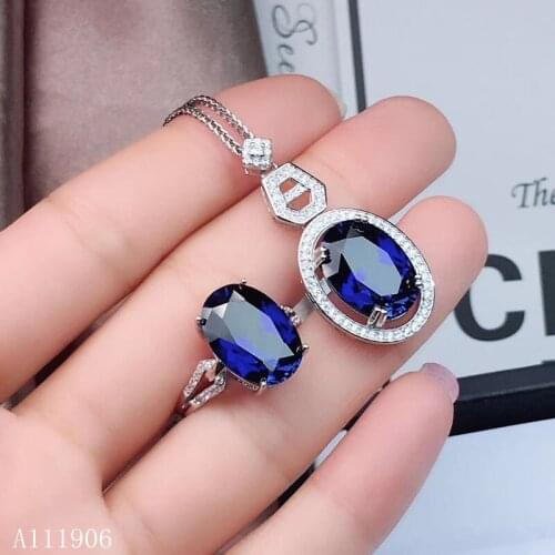 KJJEAXCMY boutique jewelry 925 sterling silver inlaid natural gemstone sapphire female ring necklace pendant set support detecti