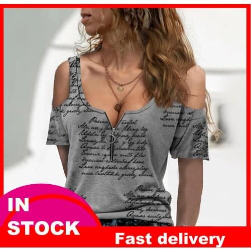 40#Sexy Off Shoulder Blouse Womens Casual Plus Size Zipper Letter Print Short Sleeve V-neck Top Elegant Summer Shirts blusas
