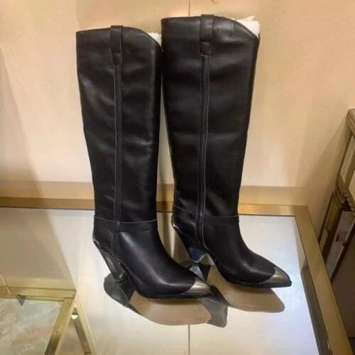 2021 Woman Knee High Boots Spike Heel Pointed Toe Metal Toe Female Slip On Leather Shoes