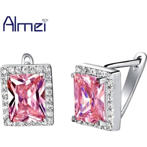 Almei 15%OfF Silver Color Studs Earrings for Women Pink Zircon Stone Jewelry Vintage Bijoux Earring Online Shopping India R721